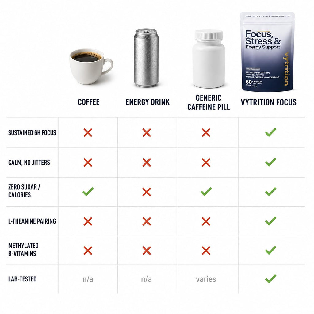 Vytrition Focus, Brain & Energy Supplement, 60 Count — Green Tea L-Theanine 200mg + Natural Caffeine 100mg — Calm Focus, Mental Clarity, No-Crash Energy — Vegan, Methylated B-Vitamins, Lab-Tested