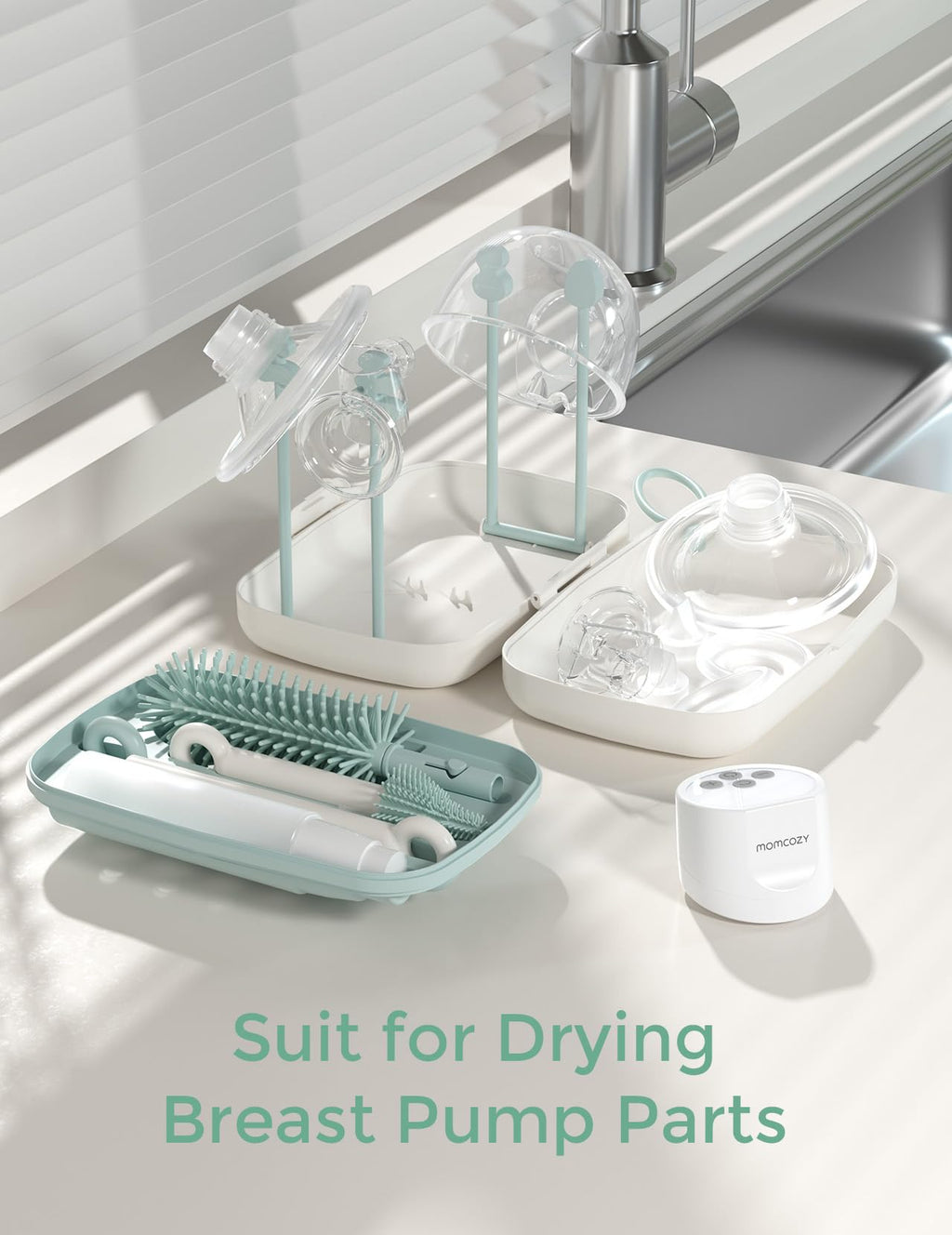 Momcozy 7-in-1 Baby Bottle Brush Set with Drying Rack, Green