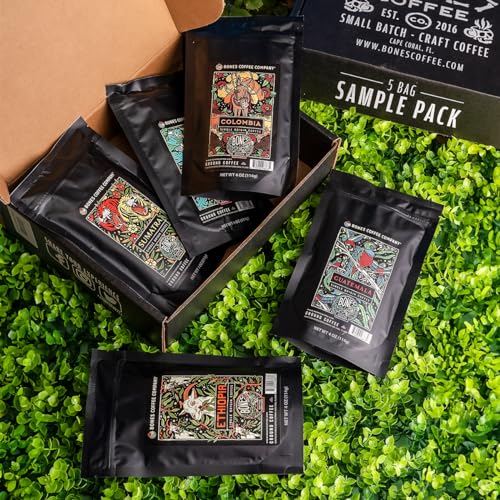Bones Coffee Company World Tour Sample Pack Gift Set, Medium Roast Ground Bean Coffee Low Acid Flavored Coffee Beans (4 oz, Pack of 5)