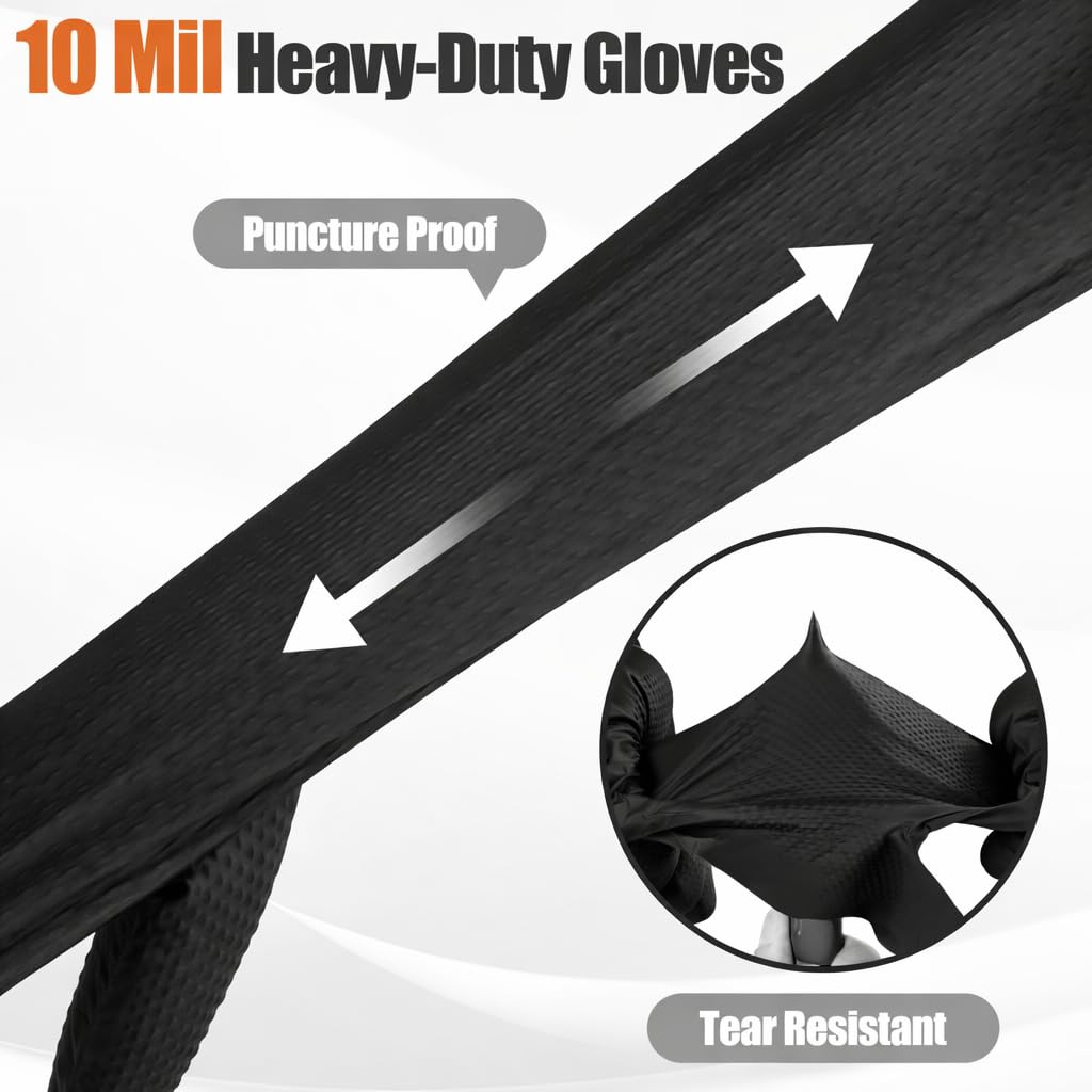 TREEGO 10 Mil Black Nitrile Gloves Heavy Duty — 3D Diamond Texture Grip, Latex Free Disposable Rubber Mechanic Gloves, X-Large, 100 Count
