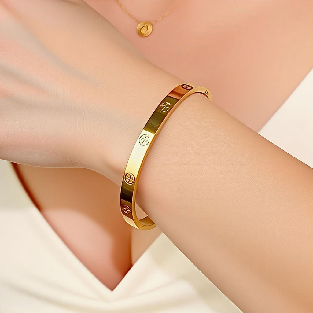 LUCSIS Waterproof 18K Gold PVD Plated Bracelet for Women, Non-Tarnish Stainless Steel Bangle with Engraved Cross Pattern and 5A Cubic Zirconia, Trendy Jewelry Gift for Her (Gold, M/L)