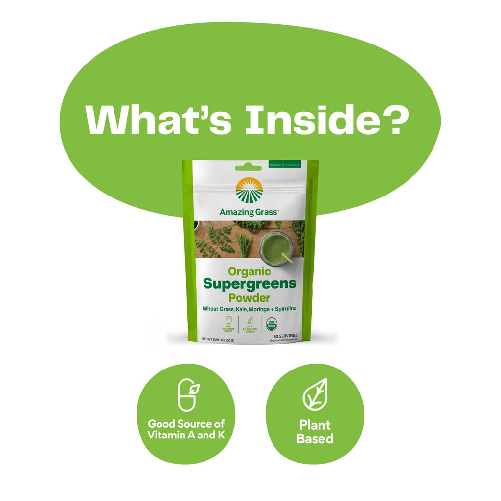 Amazing Grass Super Greens Booster: Greens Powder Smoothie Mix with Spirulina,Moringa,Wheat Grass & Kale Smoothie Booster,Chlorophyll Providing-Greens,30 Servings,(Pack of 2)