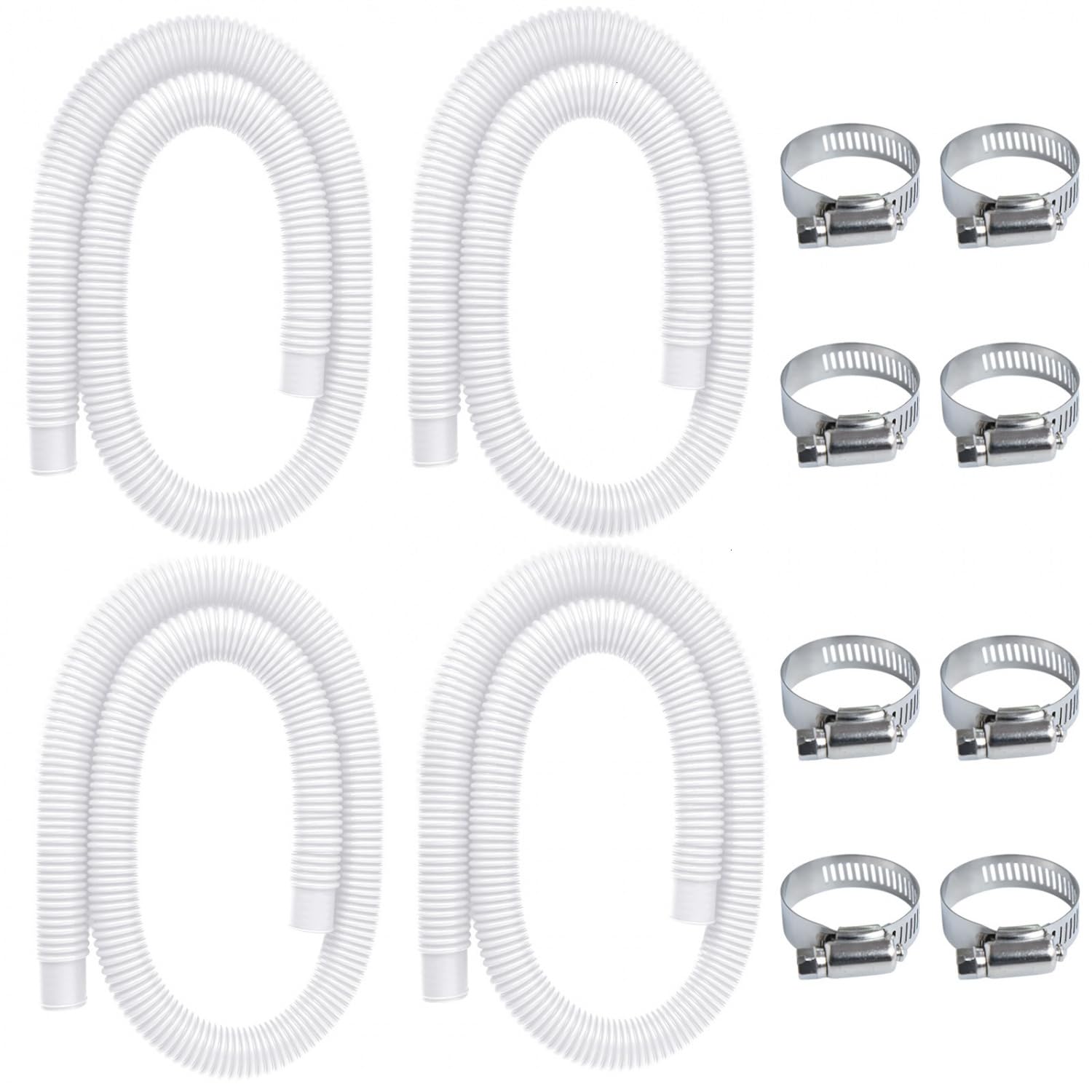Gonioa Pool Pump Replacement Hose for Above Ground Pools, 4 Pack 1.25 x 59 Inch Filter Pump Hose, Compatible with Intex Filter Pump 607, 637, 330GPH, 530GPH, 1,000GPH, Includes 8 Metal Clamps, White