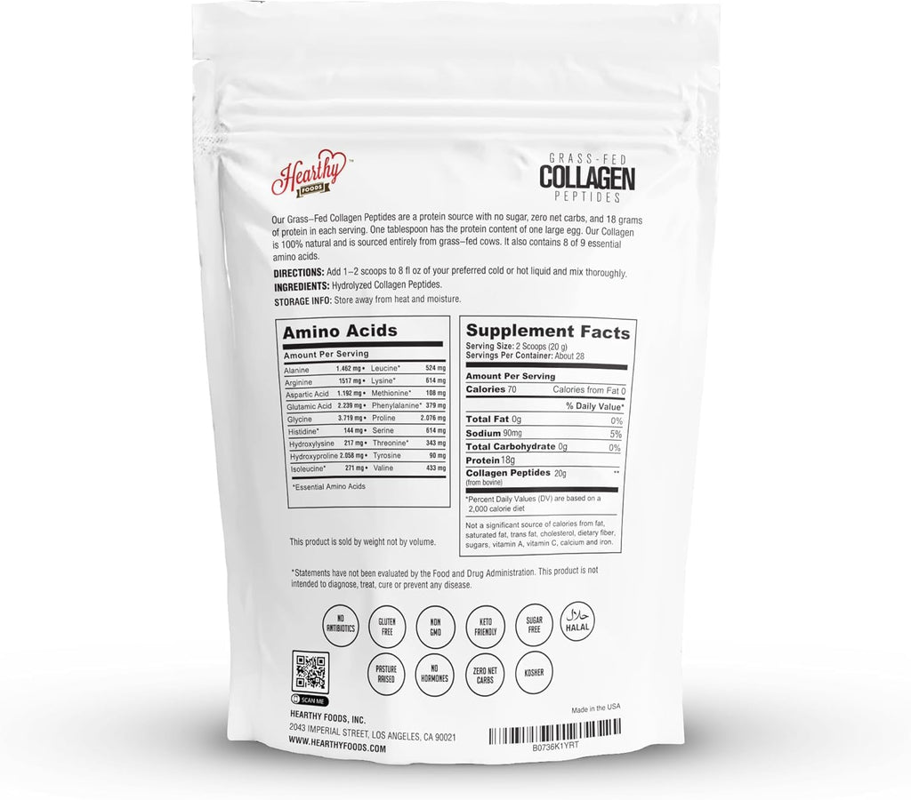 HEARTHY FOODS Collagen Powder - 18g Protein - Pure Halal Collagen Peptides Grass Fed Organic Hydrolyzed Powder | Type I and III Unflavoured Keto Friendly Gluten Free No Sugar Non GMO 16 Oz