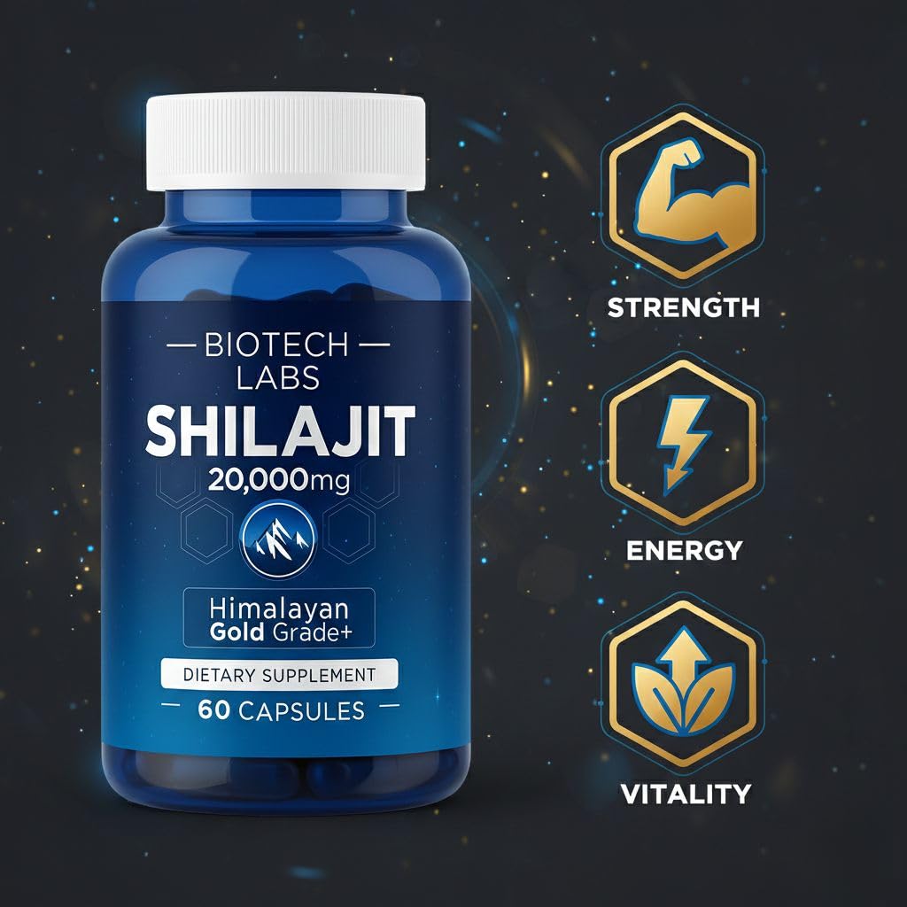Biotech Labs Shilajit 20,000mg – Gold Grade Himalayan Extract | High Fulvic Acid, 85+ Trace Minerals | Energy, Vitality & Testosterone Support | Men’s Wellness & Performance | 60 Capsules