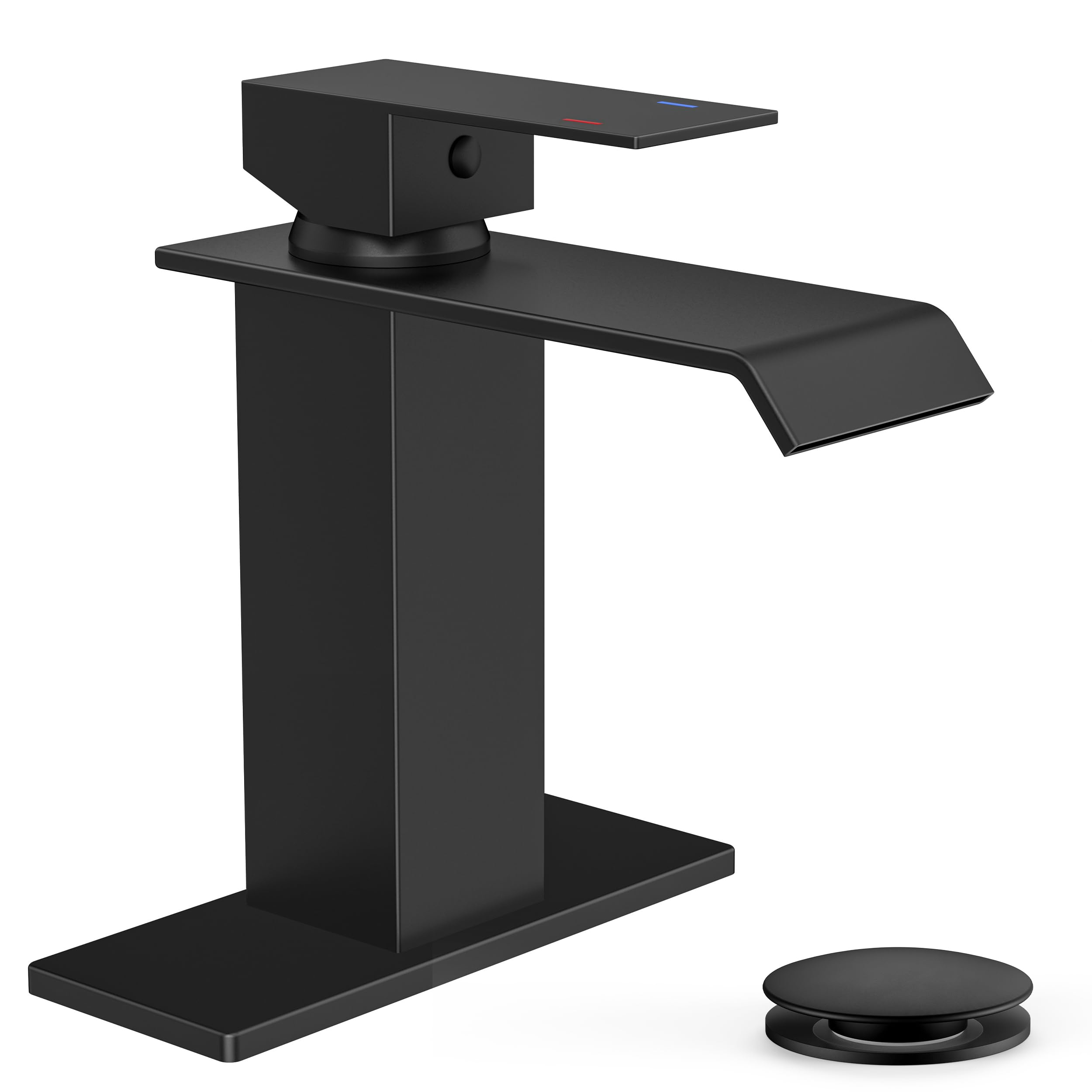 FORIOUS Bathroom Faucet Matte Black Modern Waterfall Bathroom Sink Faucet 1 or 3 Hole Single Handle with Deck Plate and Drain, Suitable for Vanity Rv Camper Commerical