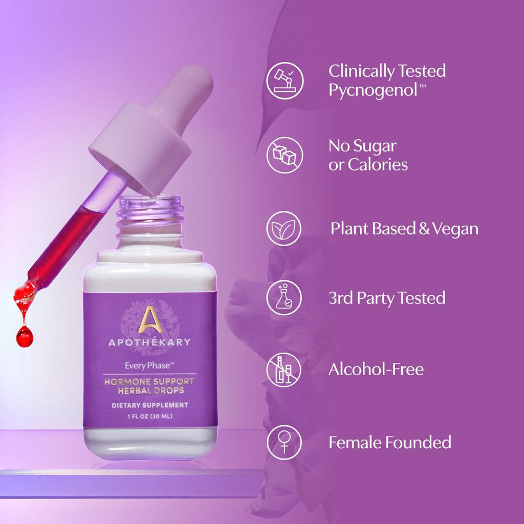 Apothékary Every Phase, Natural Hormone Support, Hormone-Free Herbal Liquid Drops, Clinically-Proven Mediterranean Pine Bark, Chaste Tree Berry, Menstrual and Menopause Support, 1 oz, 30 Servings