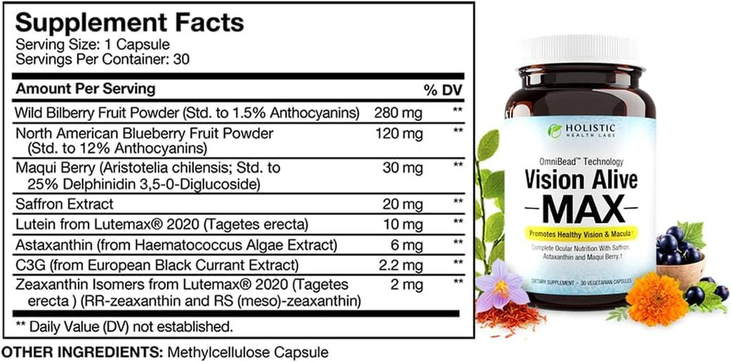 Holistic Health Labs Vision Alive Max with 8 Natural Ingredients Lutemax® 2020, Bilberries, Blueberries, c3g from Black Currant, Maqui Berry, Saffron, and Astaxanthin (30 Count (Pack of 2))