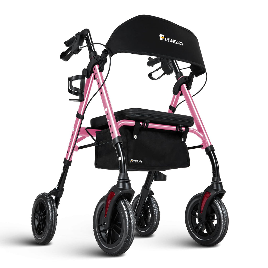Flyingjoy Lightweight Rollator Walker with Seat & Backrest - Foldable Mobility Aid for Seniors, 8" Airless Tires, Adjustable Height, 300 lbs Capacity, 4 Wheel Rolling Walkers for Seniors Pink