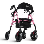 Flyingjoy Lightweight Rollator Walker with Seat & Backrest - Foldable Mobility Aid for Seniors, 8" Airless Tires, Adjustable Height, 300 lbs Capacity, 4 Wheel Rolling Walkers for Seniors Pink
