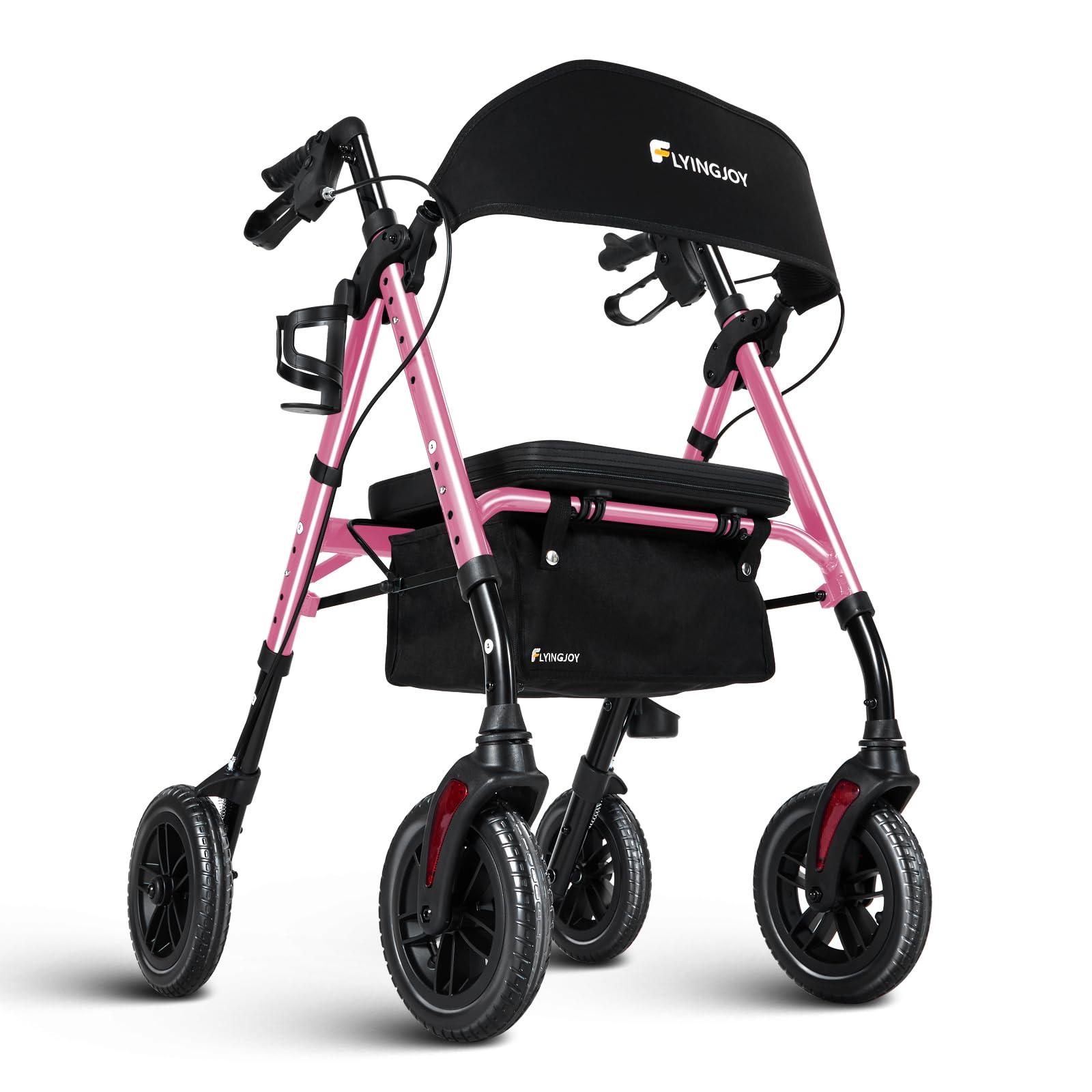 Flyingjoy Lightweight Rollator Walker with Seat & Backrest - Foldable Mobility Aid for Seniors, 8" Airless Tires, Adjustable Height, 300 lbs Capacity, 4 Wheel Rolling Walkers for Seniors Pink