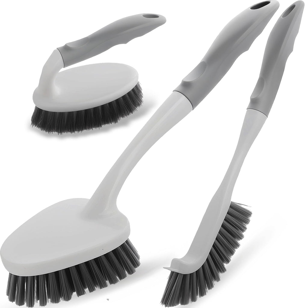 3 Pack Heavy Duty Scrub Brush Set for Household Use, Long Scrub Brush, Handheld Scrub Brush, and Crevice Brush with a Scraper Head for Cleaning Bathroom, Tile, Grout, Tub, Floor, Sink