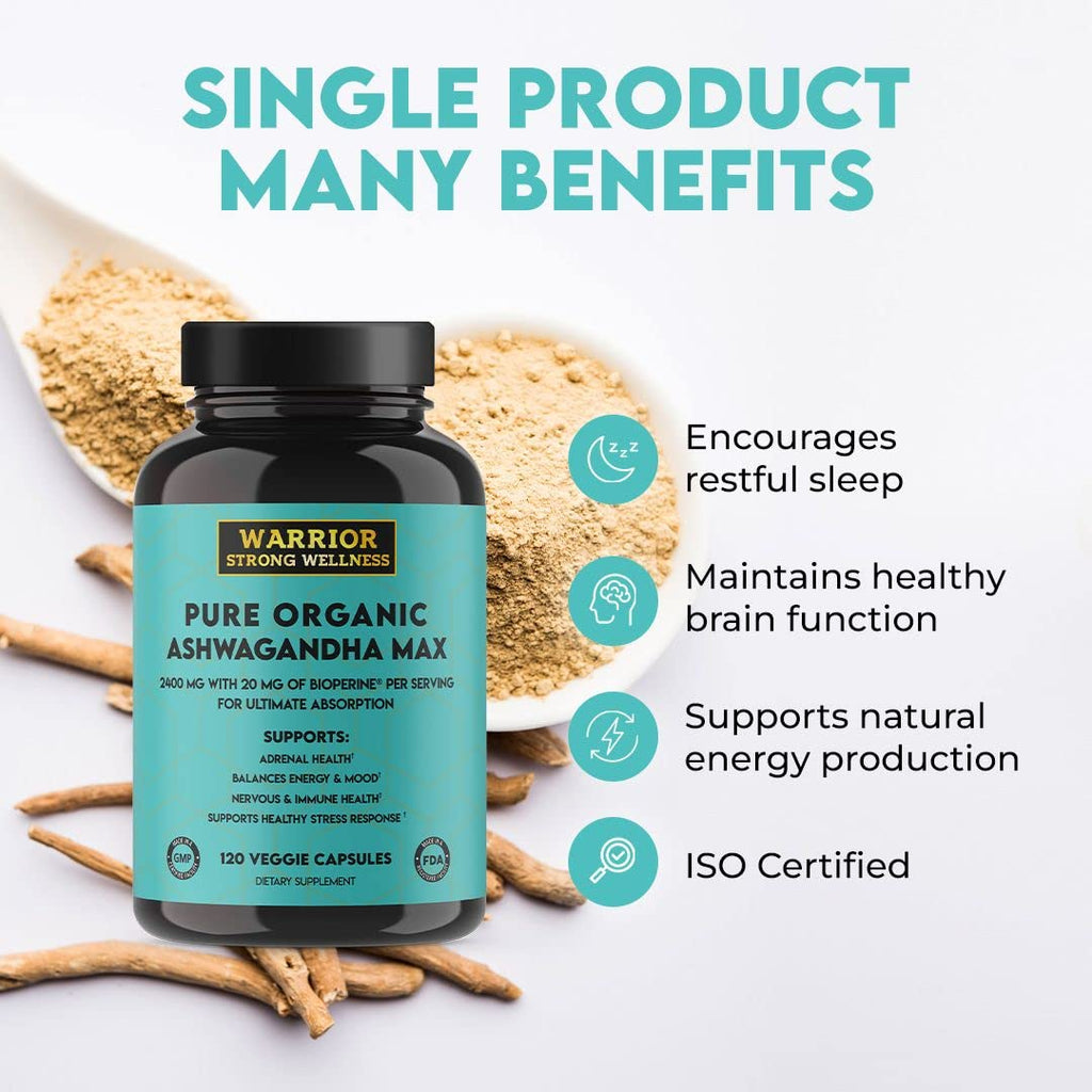 Warrior Strong Wellness Pure Organic Ashwagandha Capsules with Bioperine - 2400 mg - 120 Capsules - Healthy Stress Response and Mood Boost, Immune Health, Better Sleep