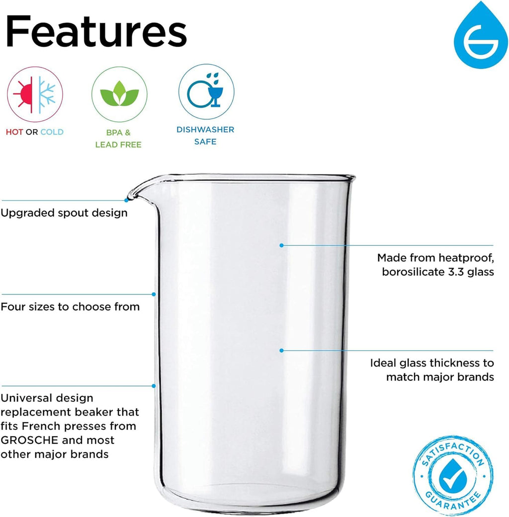 GROSCHE Borosilicate 3.3 Glass Universal Replacement Beaker for French Press Coffee and Tea Makers - (34.oz - Medium)