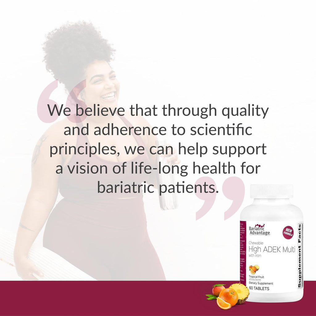 Bariatric Advantage Chewable High ADEK with Iron - for Bariatric Patients - High Potency Vitamin A, D, E & K - Includes B-Vitamins - Chewable Multivitamins - Tropical Fruit - 60 Count