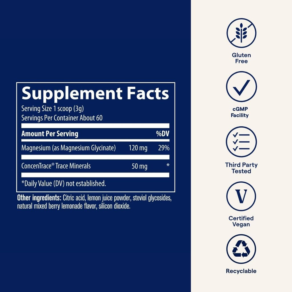 Trace Minerals Magnesium Glycinate Powder - Daily Magnesium Powder for Sleep Support - Calming Bedtime Drink - Natural & Gentle - Mixed Berry Lemonade - 180g (60 Servings)