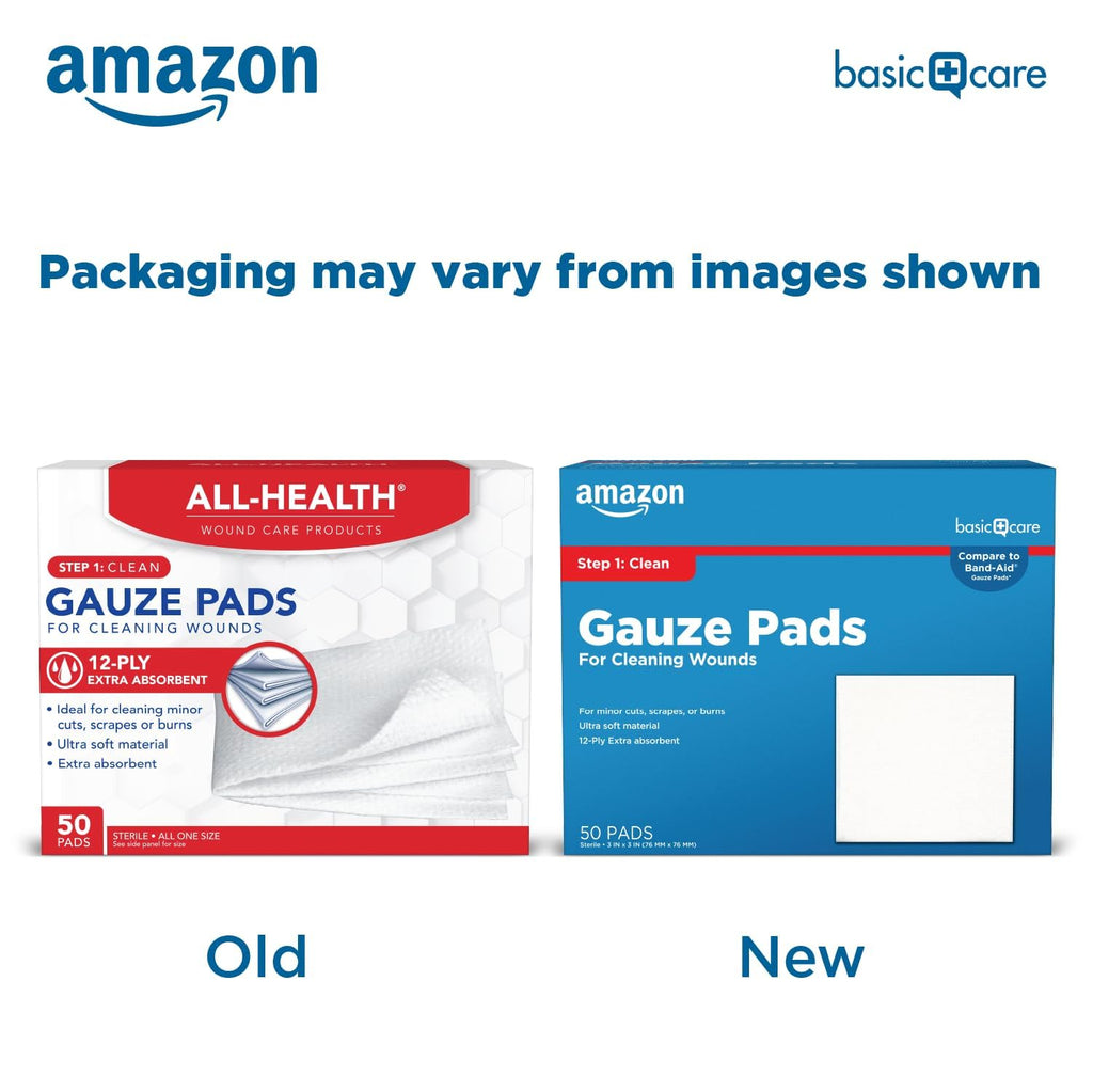 Amazon Basic Care Gauze Pads, 3x3 inches Sterile Medical Wound Dressing Sponges, 12-Ply, Ultra Soft, Extra Absorbent, 50 Count, (Previously All Health) (Pack of 2)