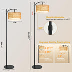 DRAWNCAT Rustic Black Farmhouse Floor Lamp with Woven Rattan Shade - 12W LED, Remote & Dimmable 3-Color Temp, Tall Standing Lamp for Living Room