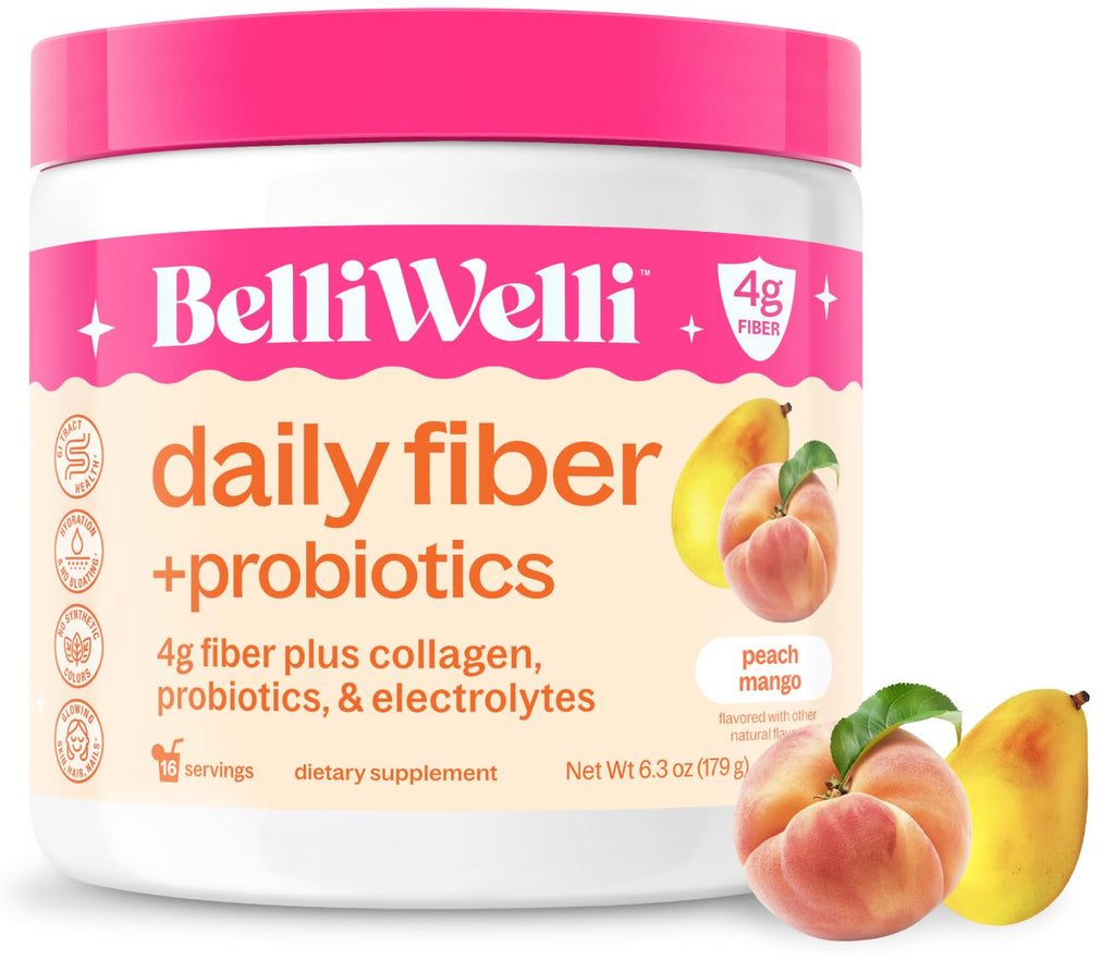 BelliWelli Fiber Supplement for Women & Men – Premium Daily Fiber Powder from Organic Acacia with Added Collagen, Electrolytes & Probiotics – No Bloat, Constipation & Gut Health Support (Peach Mango)