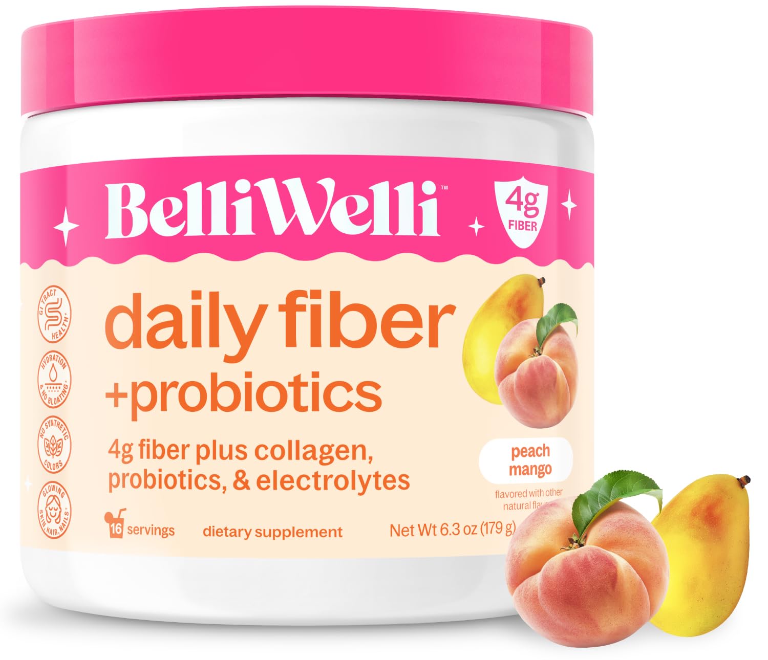 BelliWelli Fiber Supplement for Women & Men – Premium Daily Fiber Powder from Organic Acacia with Added Collagen, Electrolytes & Probiotics – No Bloat, Constipation & Gut Health Support (Peach Mango)