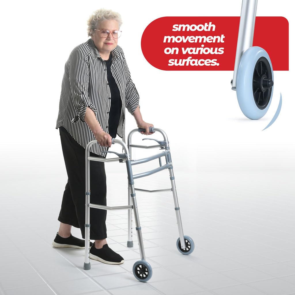 Medical king Walkers for Seniors Aluminum Lightweight Walker with Wheels, Adjustable Width and Height, Folding Walker for Elderly, Handicapped, Disabled 2 Wheels in Front