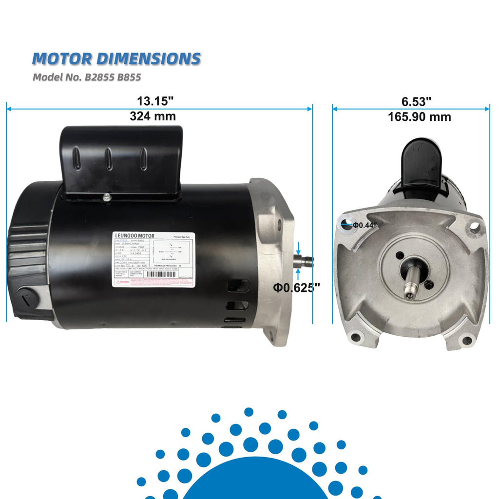 B2855 2HP Pool Pump Motor Replaces Century/AO Smith Regal Beloit B855 Swimming Pool Pump Motors, 230V, 10A, 3450RPM 1.5KW 56Y Frame 1.1 SF Include Replace Parts, Single Phase Square Flange Leungoo