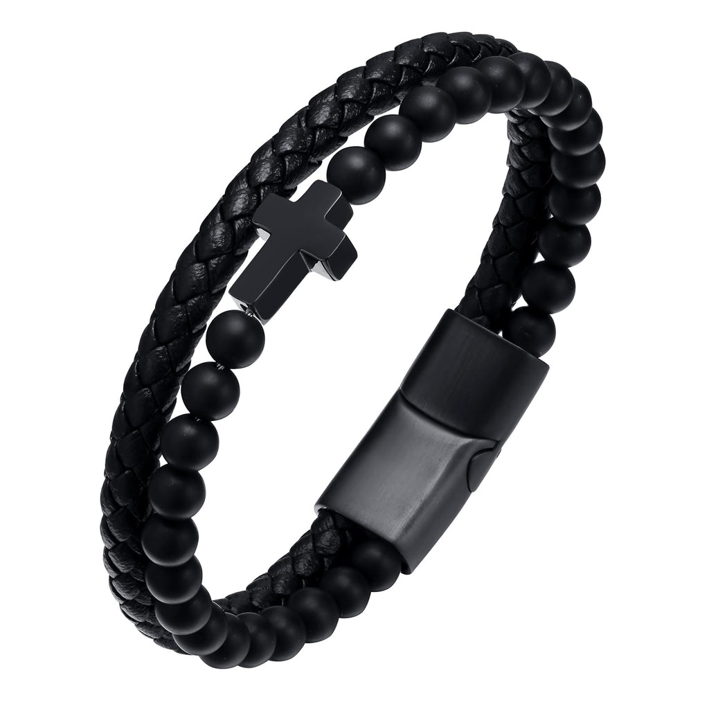 Mens Cross Bead Braided Genuine Leather Bracelet, Black Gemstone Agate Onyx Beaded Rosary Obsidian Bangle, Faith Religious Easter Catholic Christian Communion Baptism Christmas Jewelry Gift for Men