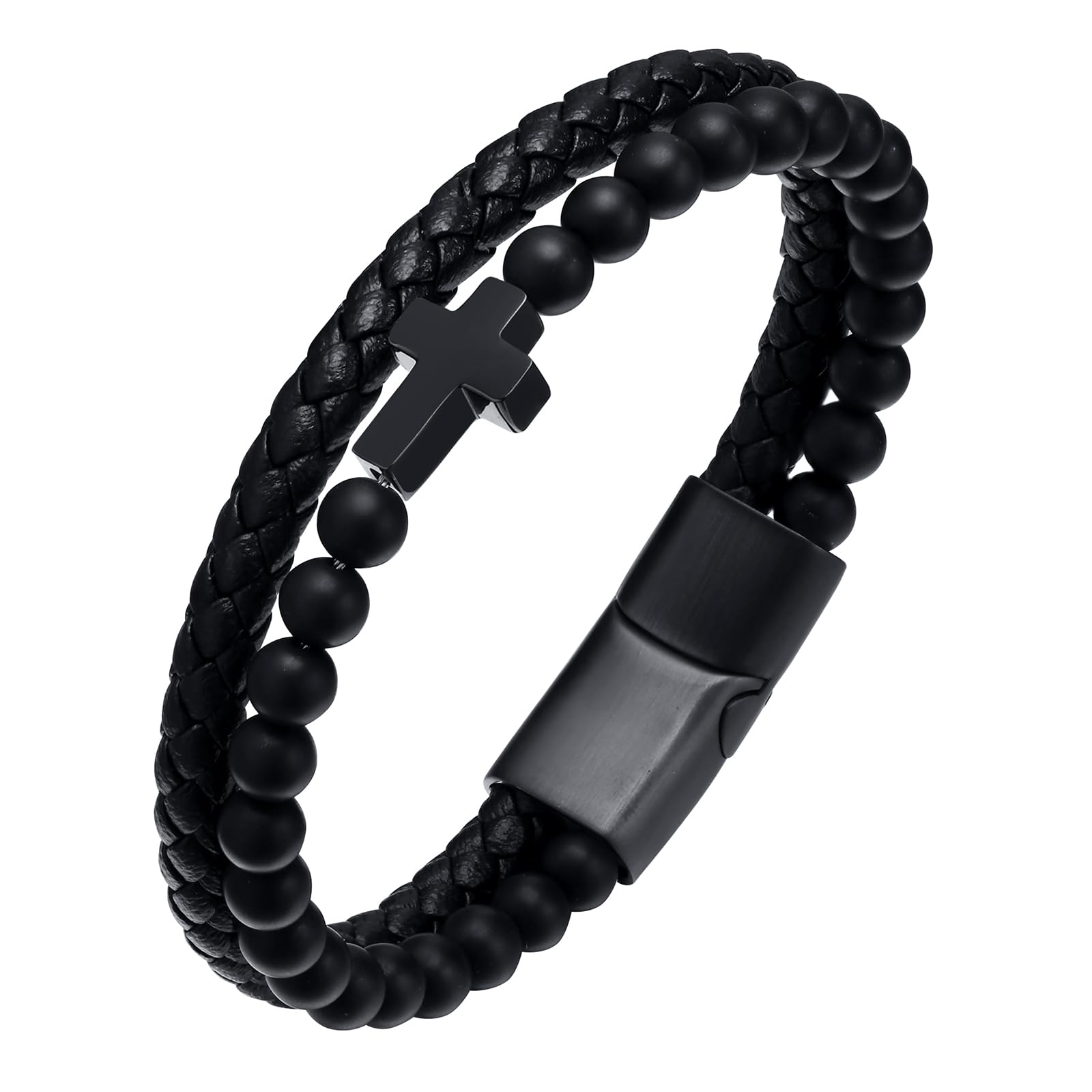 Mens Cross Bead Braided Genuine Leather Bracelet, Black Gemstone Agate Onyx Beaded Rosary Obsidian Bangle, Faith Religious Easter Catholic Christian Communion Baptism Christmas Jewelry Gift for Men