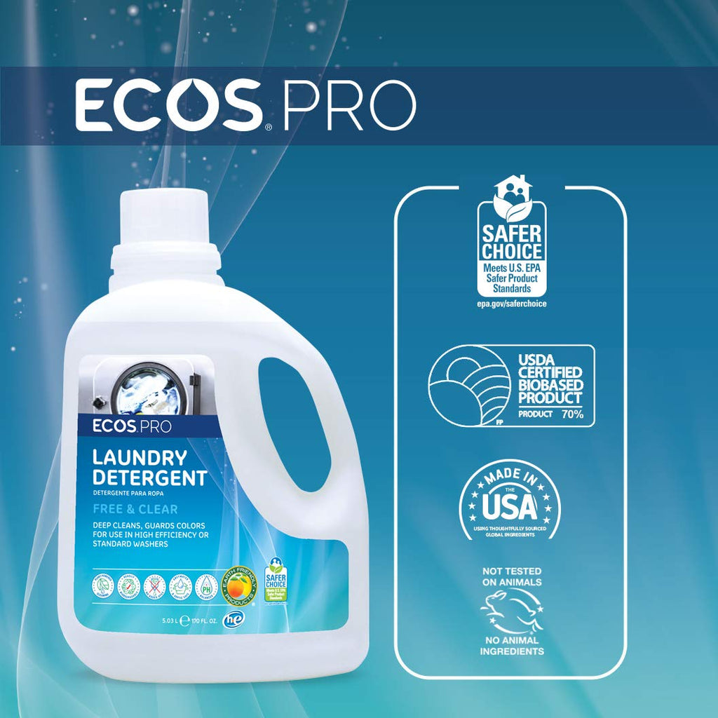 ECOS PRO Liquid Laundry Detergent 2 Ct, Free & Clear, Concentrated & Ideal for Commercial & Industrial Use, Unscented, PL9371/02, 170 fl oz (Pack of 2)