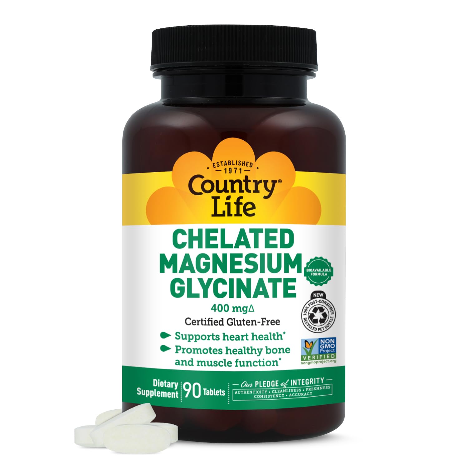 Country Life Chelated Magnesium Glycinate 400mg – High Absorption Magnesium for Calm, Muscle Relaxation, Energy & Bone Support – Certified Gluten-Free, Vegan, Kosher, Non-GMO – 90 Tablets