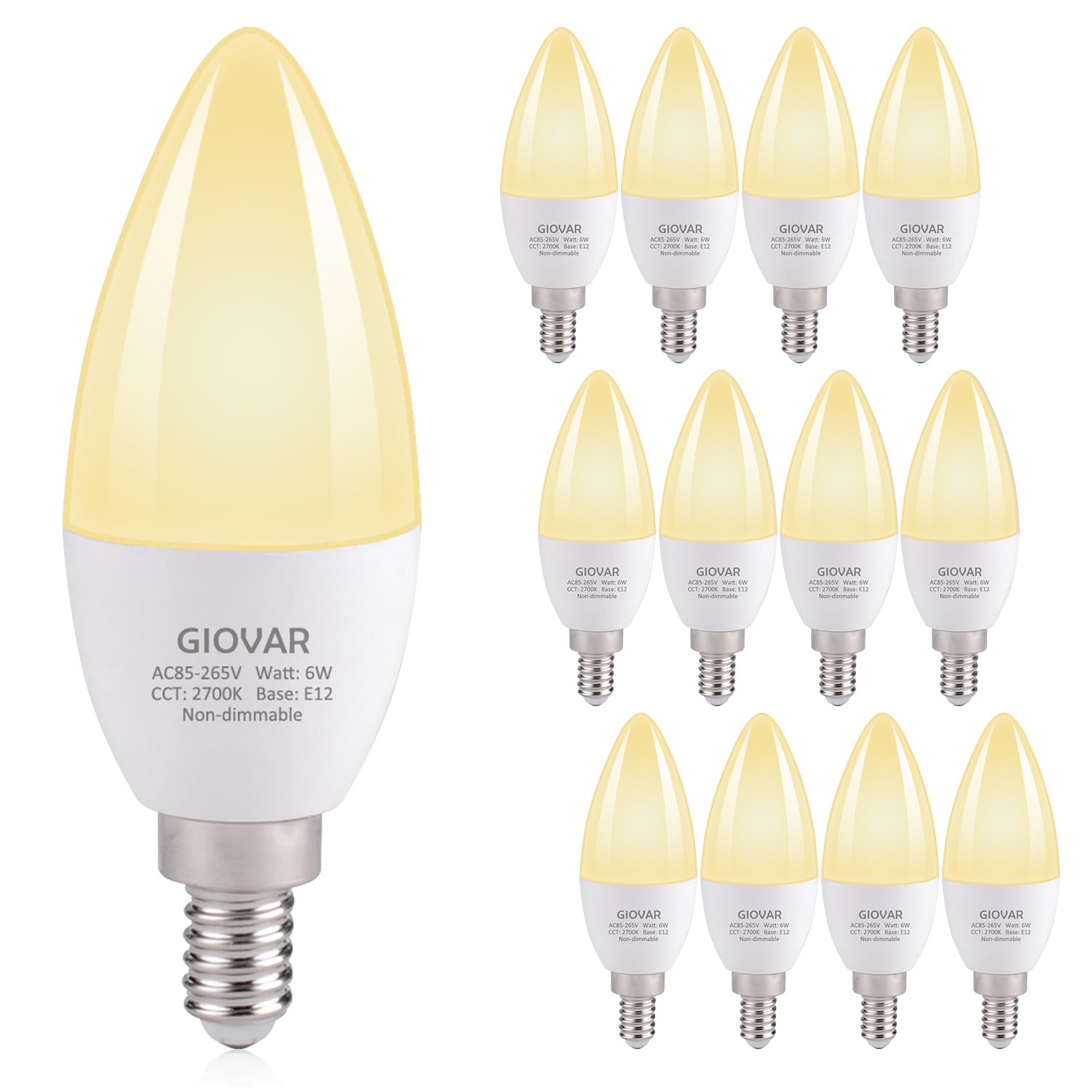 GIOVAR 12-Pack Candelabra LED Light Bulbs, 60 Watt Equivalent, Warm White 2700K, Light Bulbs for Chandelier/Wall Sconces Small Base, 120V, Type B, Non-Dimmable