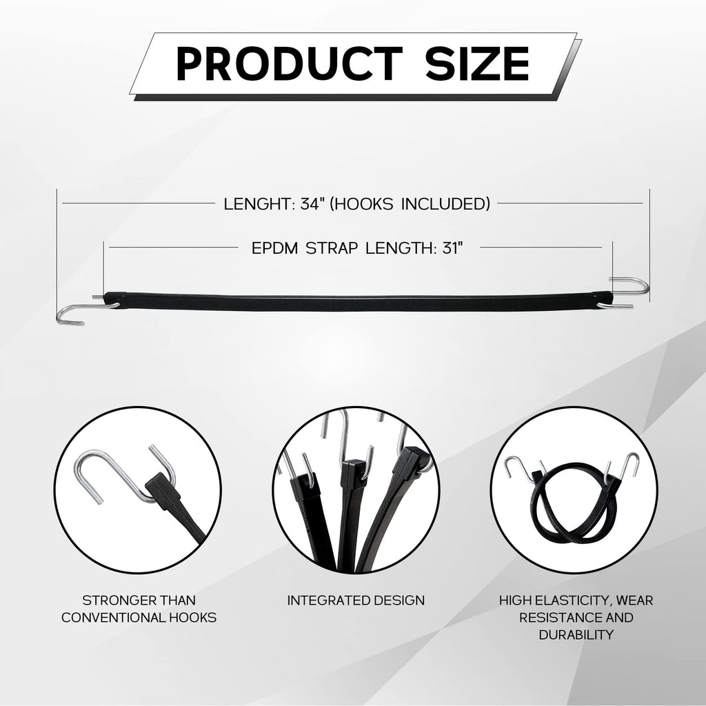 ROBLOCK 31" Rubber Tarp Straps with 150% Max Stretch, 100% EPDM Bungee Cords with Metal Crimped S Hooks, Ideal for Securing Tarps, Cargo, Canvases, Weatherproof (10 Pack)