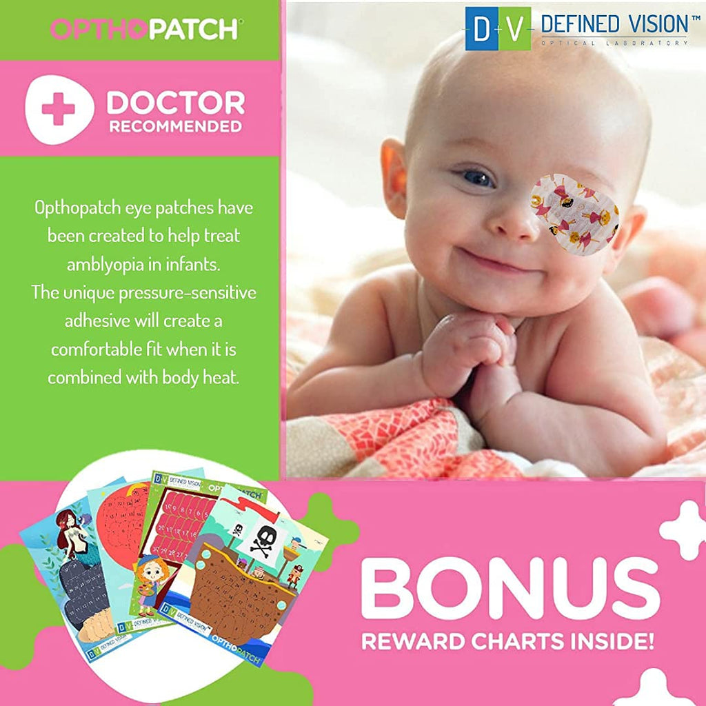 Opthopatch Eye Patches for Infants - Extra Sensitive Adhesive - Girls' Design [Series II] - 100 Count + 3 Reward Charts