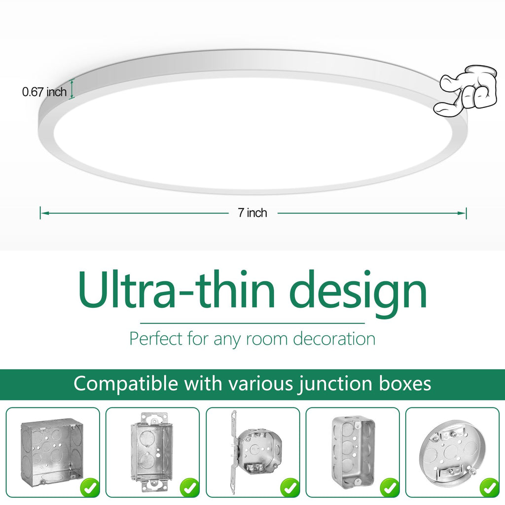 Brightever 7 Inch Flush Mount Ceiling Light, 12W 1200LM LED Ceiling Light Fixtures, 2700K/3000K/4000K/5000K/6500K Selectable, 0.67 Inch Ultra Thin Flat Ceiling Lights for Bedroom Closet, 2 Packs