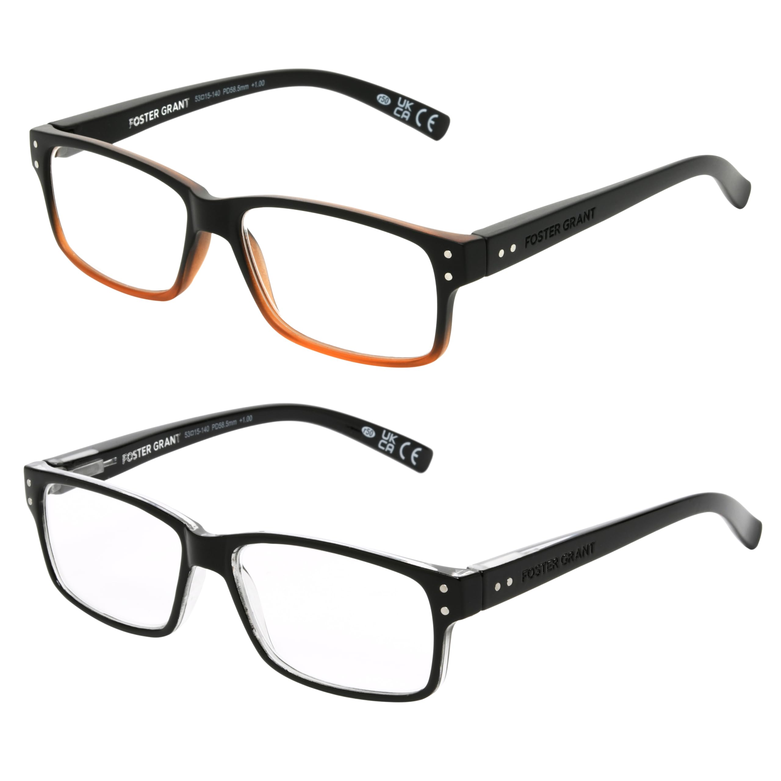 Foster Grant Men's Rowan 2-Pack Square Reading Glasses, Black- Brown Fade, Black, 37.5 mm, 1.5 Diopters