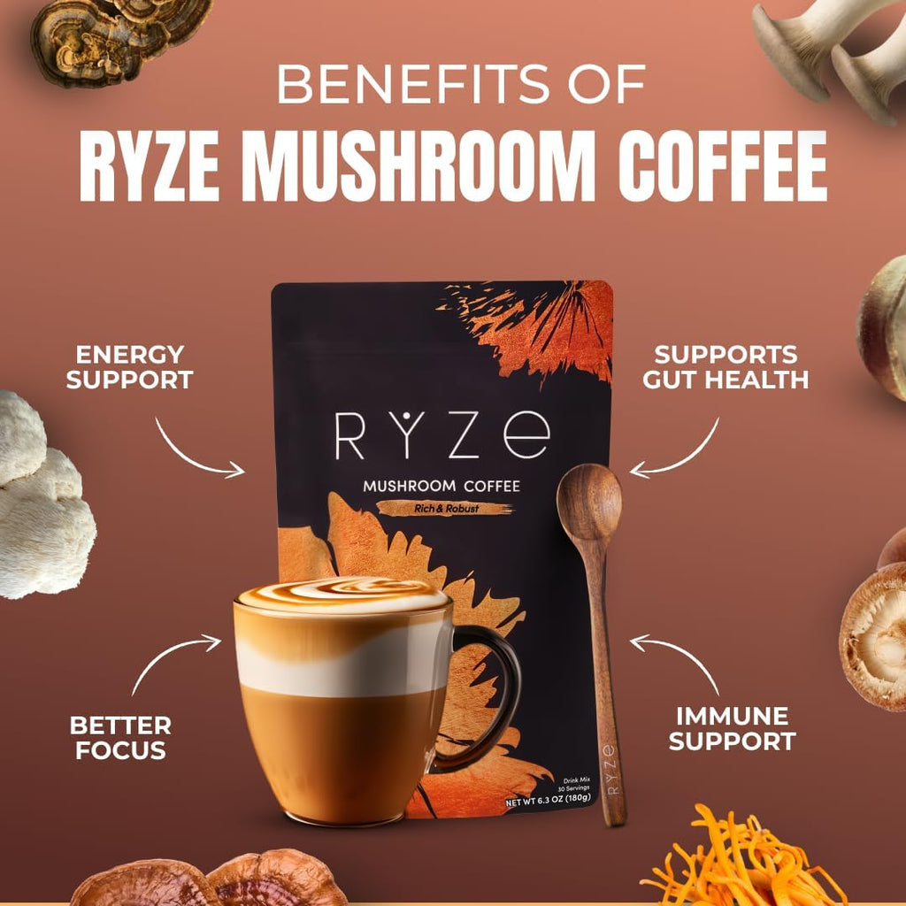 RYZE SUPERFOODS Dark Roast RYZE n Shine Bundle, Instant Mushroom Coffee + Probiotic Coffee Creamer with 6 Adaptogenic Mushrooms, Prebiotic+Probiotic Blends, Energy Focus Digestion Immunity, 30 sv each