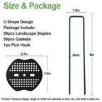 FOTMISHU Landscape Staples 6Inch 50pcs Garden Stakes + 50pcs Gasket, Lawn Pins with Spray Coating Craft, 11Gauge Anti-Rust Ground Yard Spikes Anchoring for Outdoor Tents Irrigation Hoses (Green)