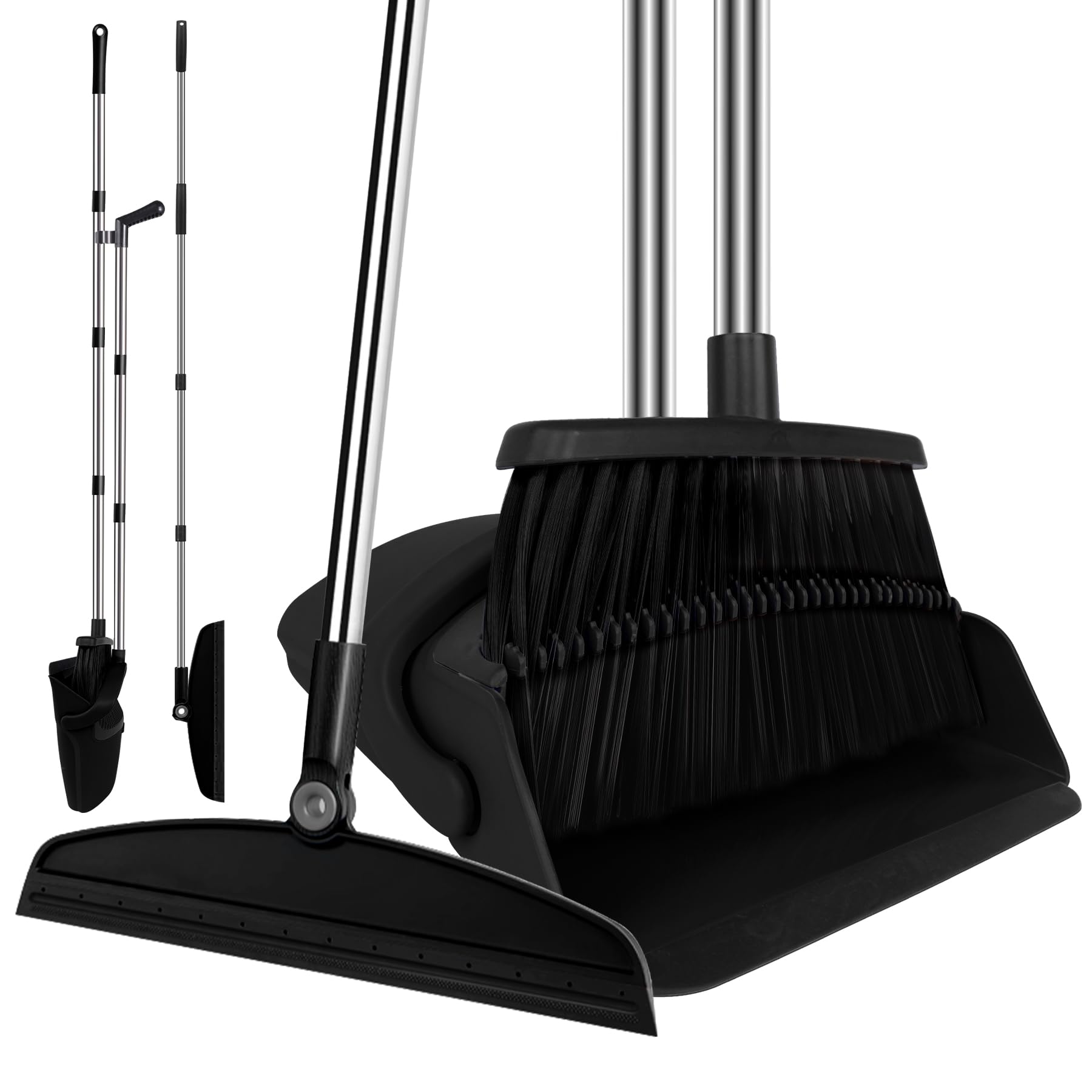 UDUK Broom with Dustpan Combo Set and Silicone Air Broom Kit, 51" Long Handle Floor Squeegee, Black Household Kit for Glass Window Rugs Pet Hair Home