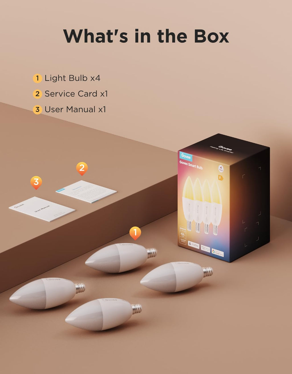 Govee E12 Led Bulb, Smart Light Bulbs for Chandelier/Living Room, Color Changing Candelabra Bulbs Work with Matter, Alexa, Google Assistant, 40 Watt Equivalent, 450 LM, 80 CRI, 2.4Ghz Only, 4 Pack