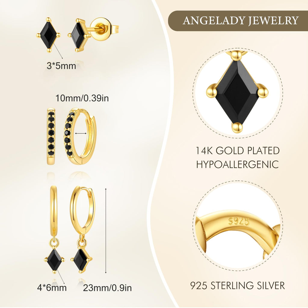 3 Pairs Black CZ Hoop Earrings for Women, Huggie Dangle Stud Set