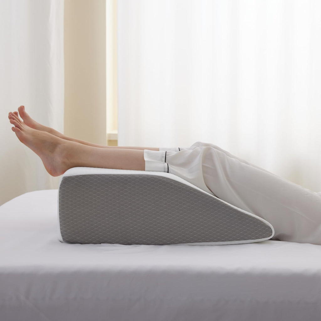 Bedluxe Leg Pillow Elevation Blood Circulation, Wedge Pillow for Legs Swelling, Leg Elevating Wedge Pillow for After Surgery, Foot Knee Pillow for Leg Rest, Sleeping, Memory Foam Top, 8in, White/Grey