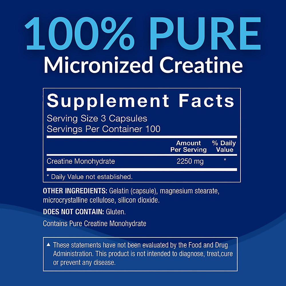 BodyTech Creatine Monohydrate Capsules, Micronized Creatine Formula for Men and Women, 2250 mg per Serving, Pre Workout & Post Workout Supplement, Gluten Free, Sugar Free, 300 Capsules Per Bottle