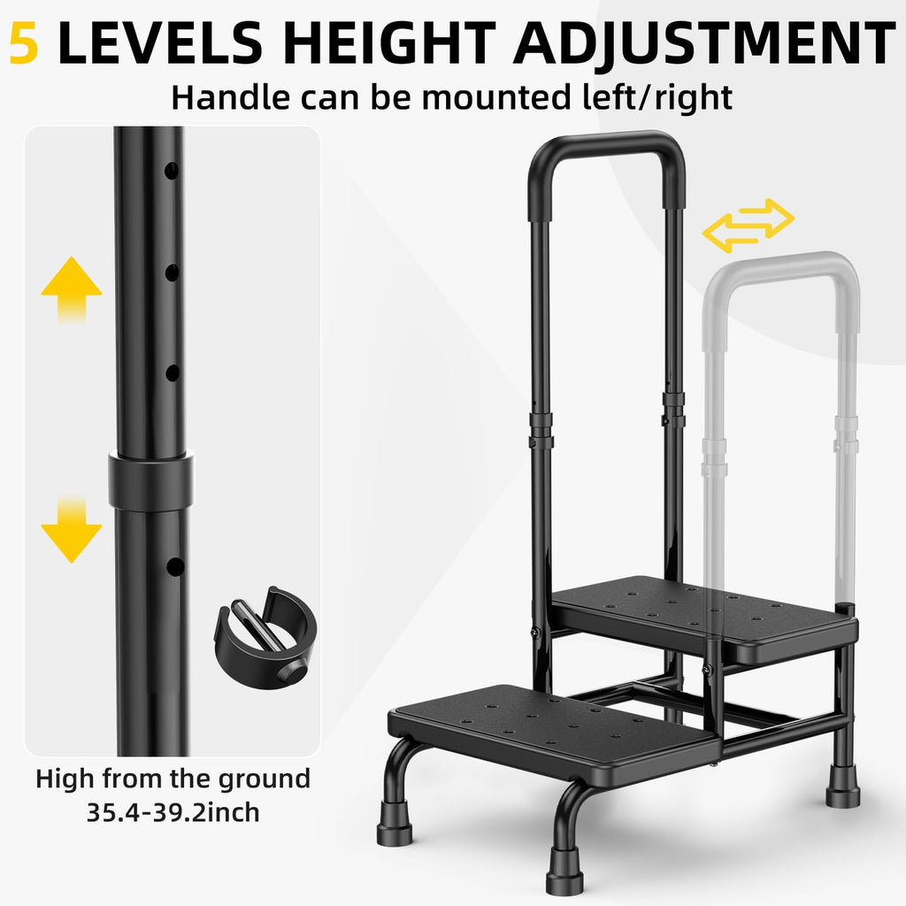 2 Step Stool with Handle for Elderly Adults and Seniors Heavy Duty Non Slip Bed Steps for High Beds with Adjustable Handrail 400 lbs Capacity for Kitchen Bathroom Bathtub