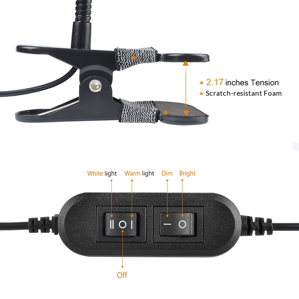 LEPOWER Clip on Light/Reading Lights/Book Light/Desk Lamp Color Changeable/Night Lights Clip on for Desk, Bed Headboard and Computers, Adapter Included (Black)