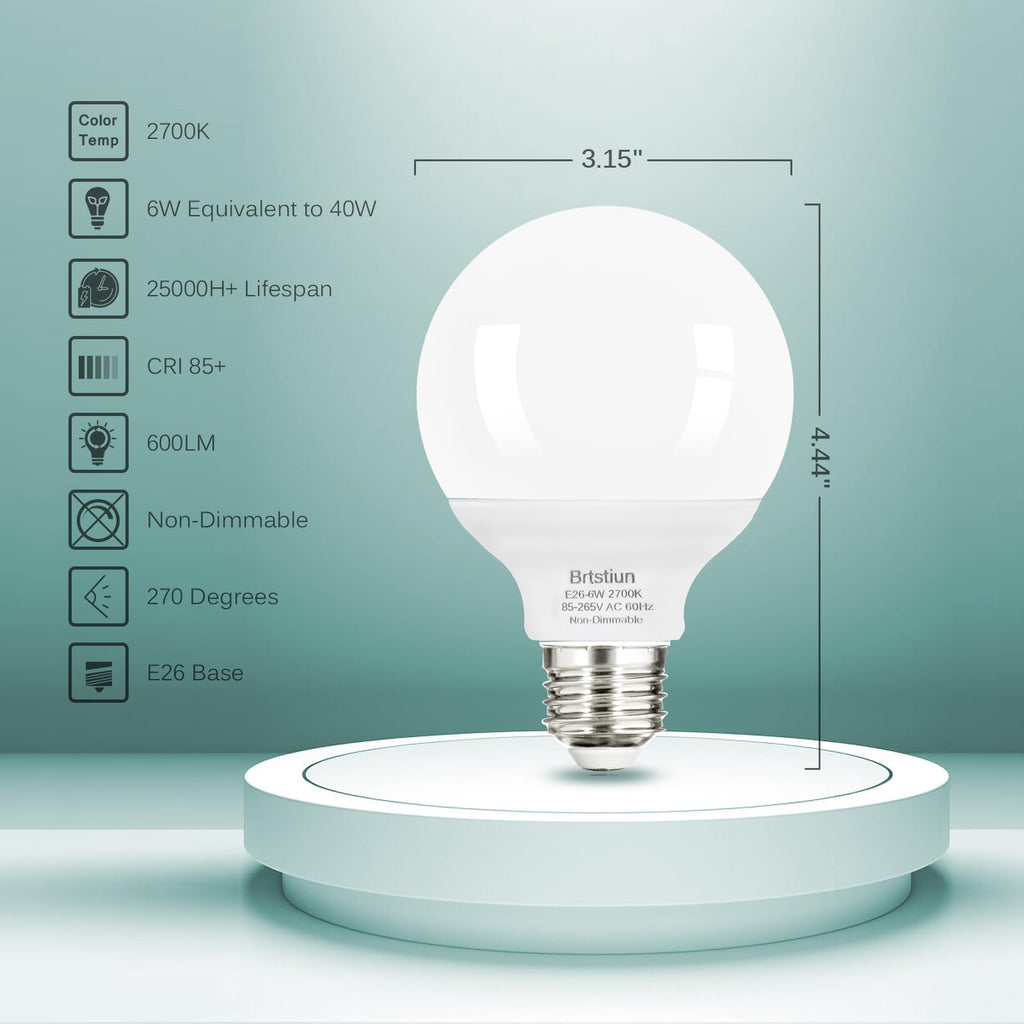 Brtstiun G25 LED Light Bulbs, Round Vanity Light Bulbs for Bathroom, 40W Equivalent, Soft White 2700K, E26 Base, 600LM, Non-Dimmable, 4-Pack