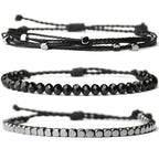 Mezcla Vida 3 Pcs Handmade Women's Stackable Bracelet Set, Adjustable Rope Bracelets Bracelets with Hematite and Glass Beads (black)
