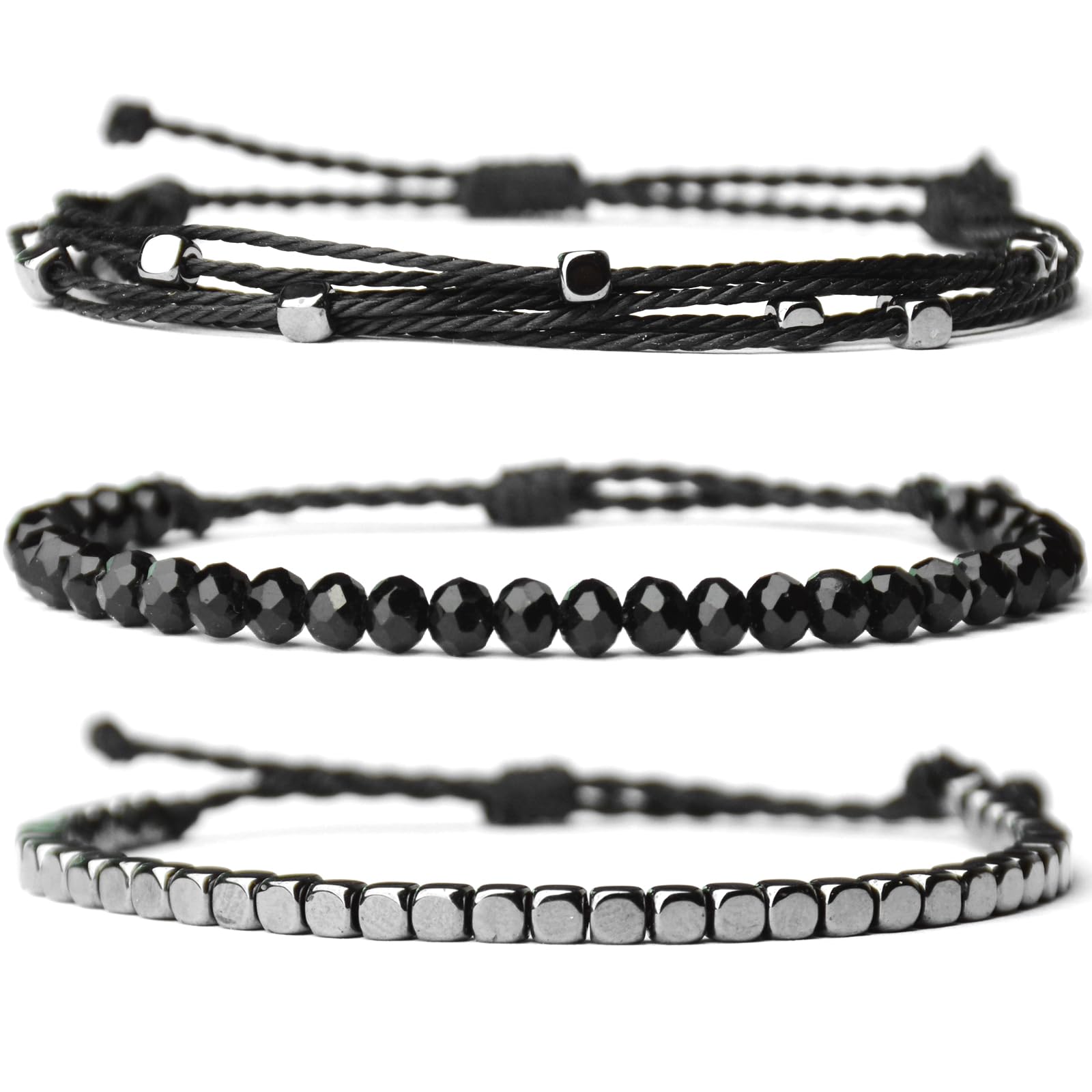 Mezcla Vida 3 Pcs Handmade Women's Stackable Bracelet Set, Adjustable Rope Bracelets Bracelets with Hematite and Glass Beads (black)