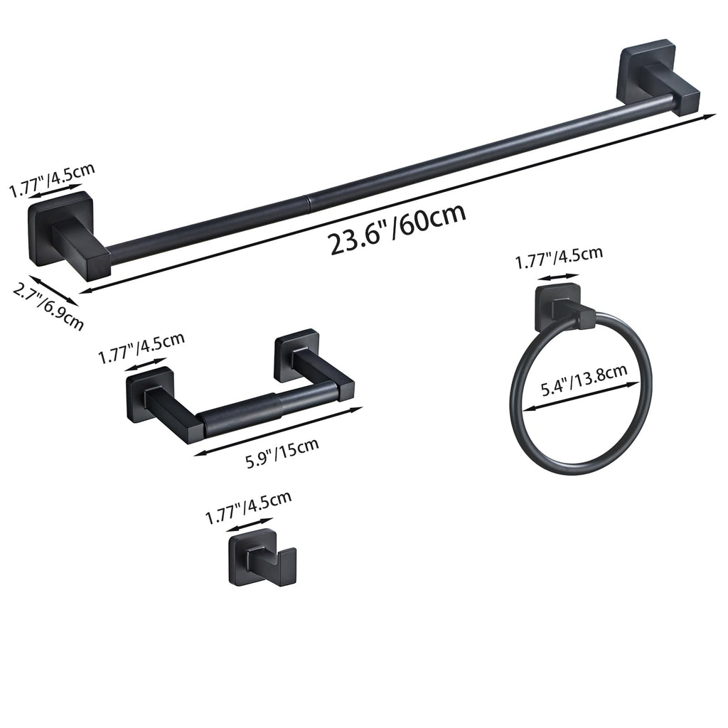 Matte Black Bathroom Hardware Set 4 Pieces,Bathroom Accessories Set Stainless Steel Wall Mounted, Hand Towel Bar, Towel Ring, Robe Towel Hooks,Toilet Paper Holder,Towel Bar Set, 23.6 Inch