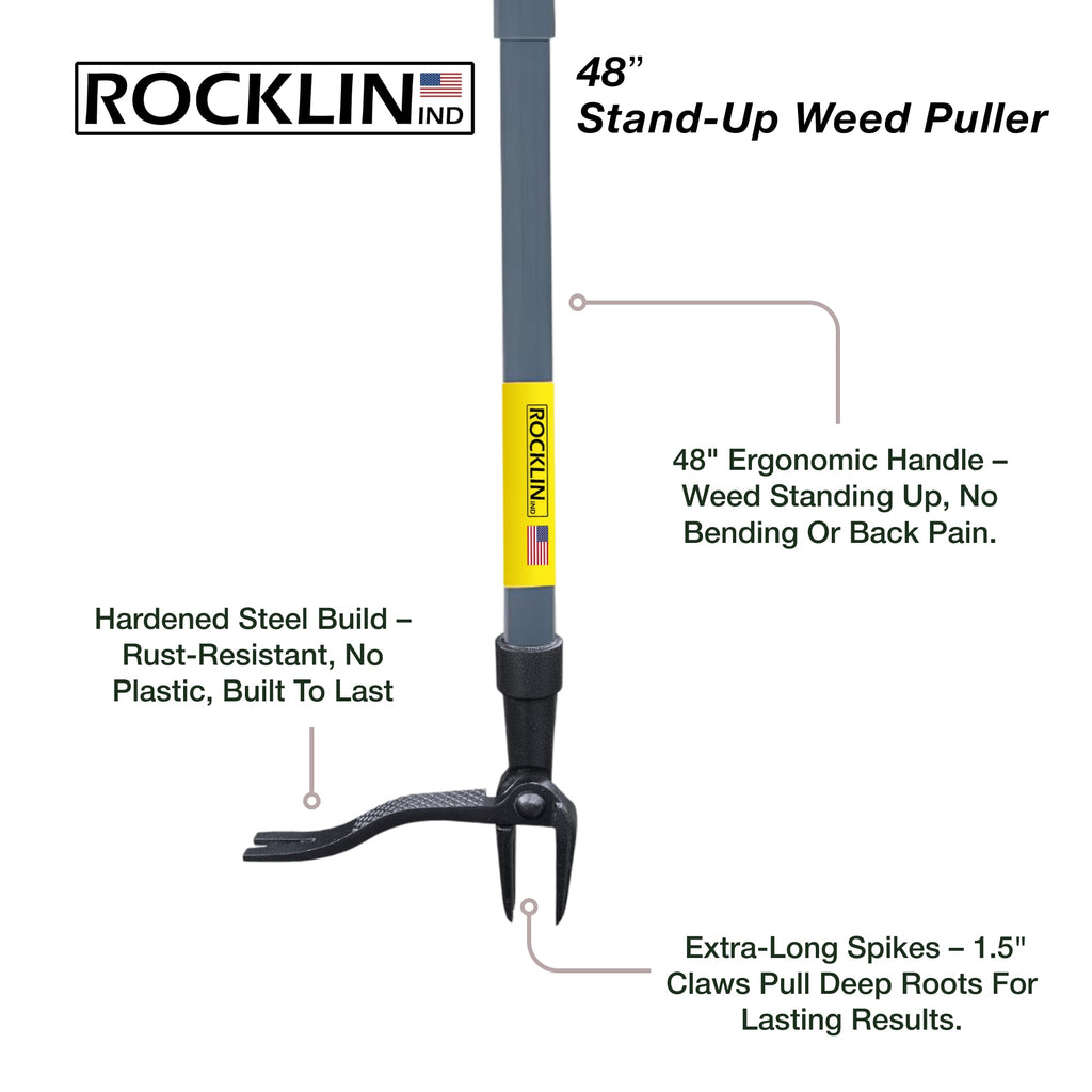 Rocklin Stand Up Weed Puller Tool Long Handle 48” | No Bending or Kneeling | 4-Claw Steel Head, Heavy Duty Dandelion Root Extractor & Weed Remover for Lawn
