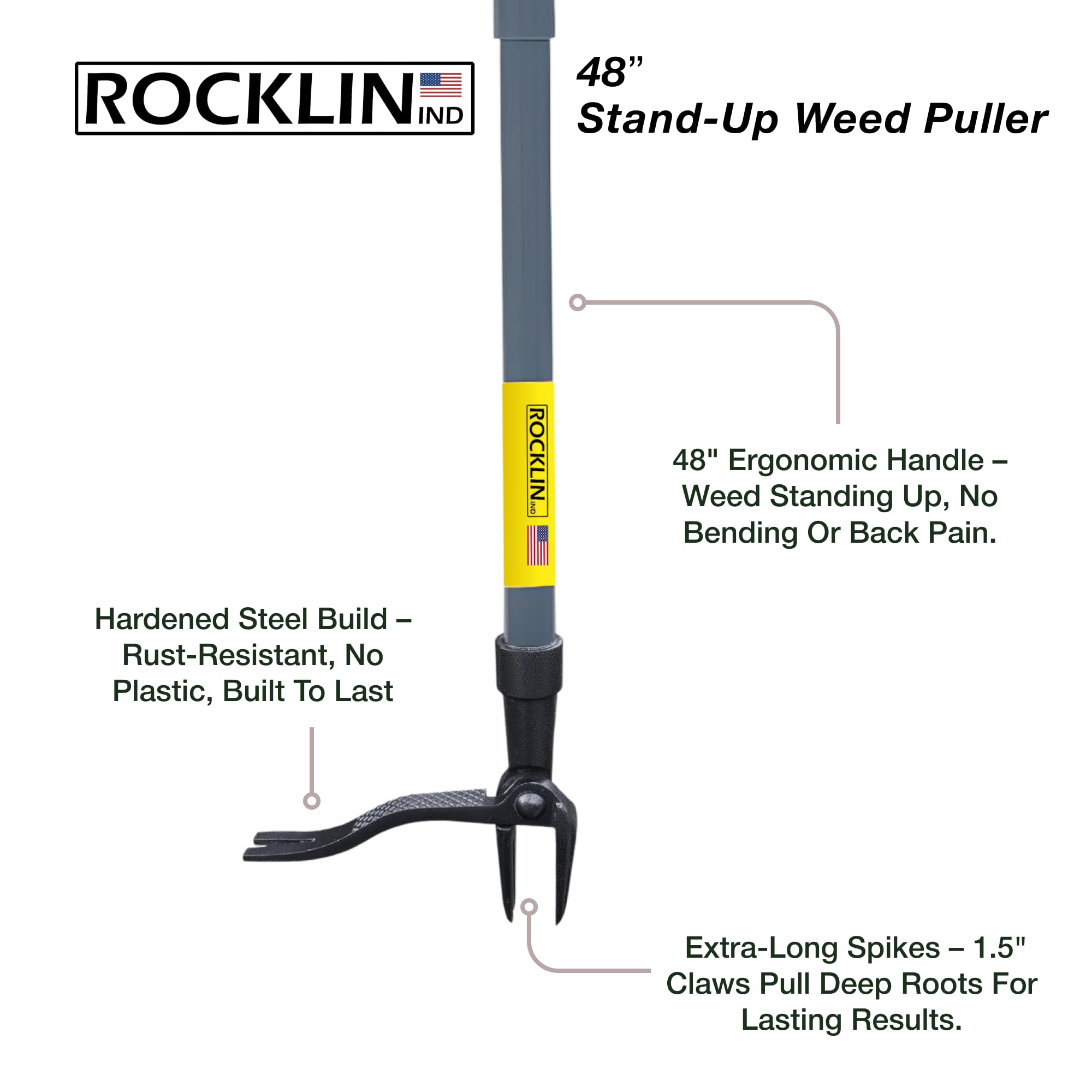 Rocklin Stand Up Weed Puller Tool Long Handle 48” | No Bending or Kneeling | 4-Claw Steel Head, Heavy Duty Dandelion Root Extractor & Weed Remover for Lawn